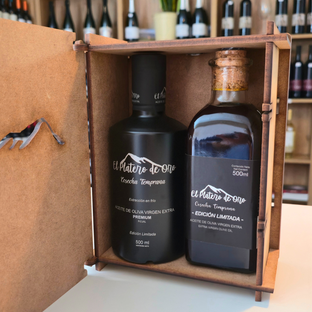 Caja de madera El Platero de Oro: Premium + Frasca (2x500 ML) - Imagen 2